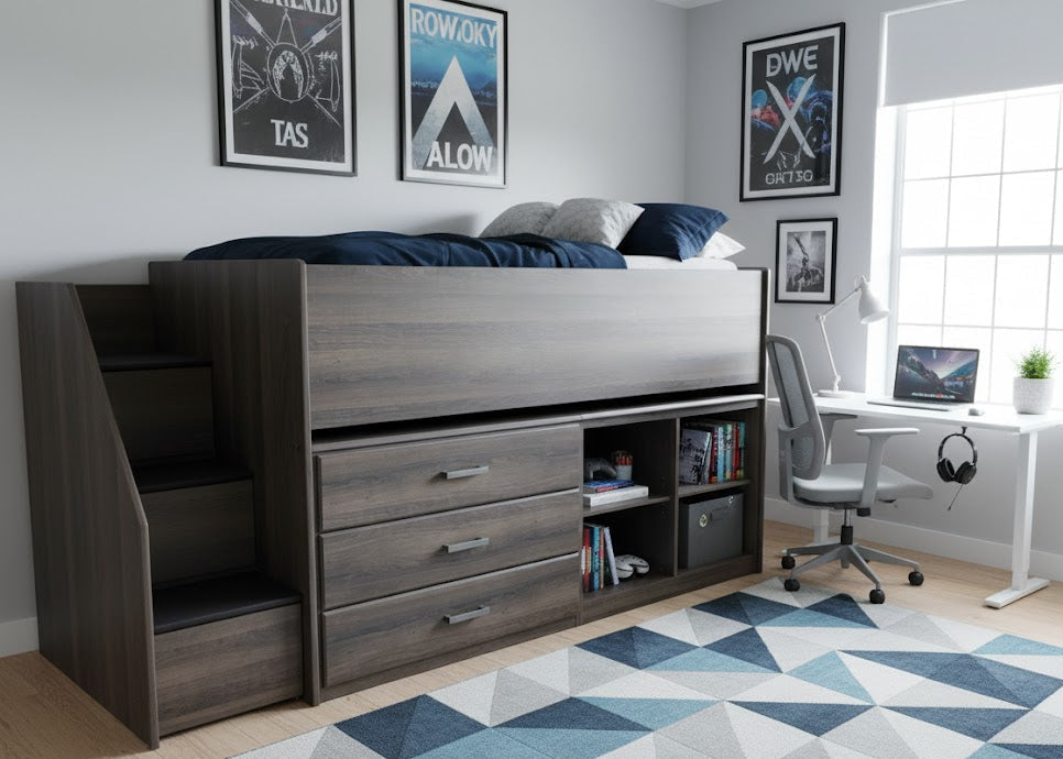 Ashley Twin Loft Bed with Right Storage Step, Bookcases and Chest